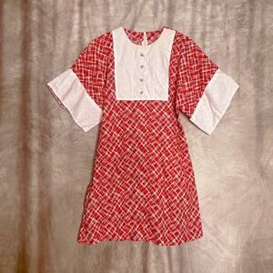 Vintage 60s Geometric Print Mod Mini Dress Wide Sleeve Floral Button Shift Folk